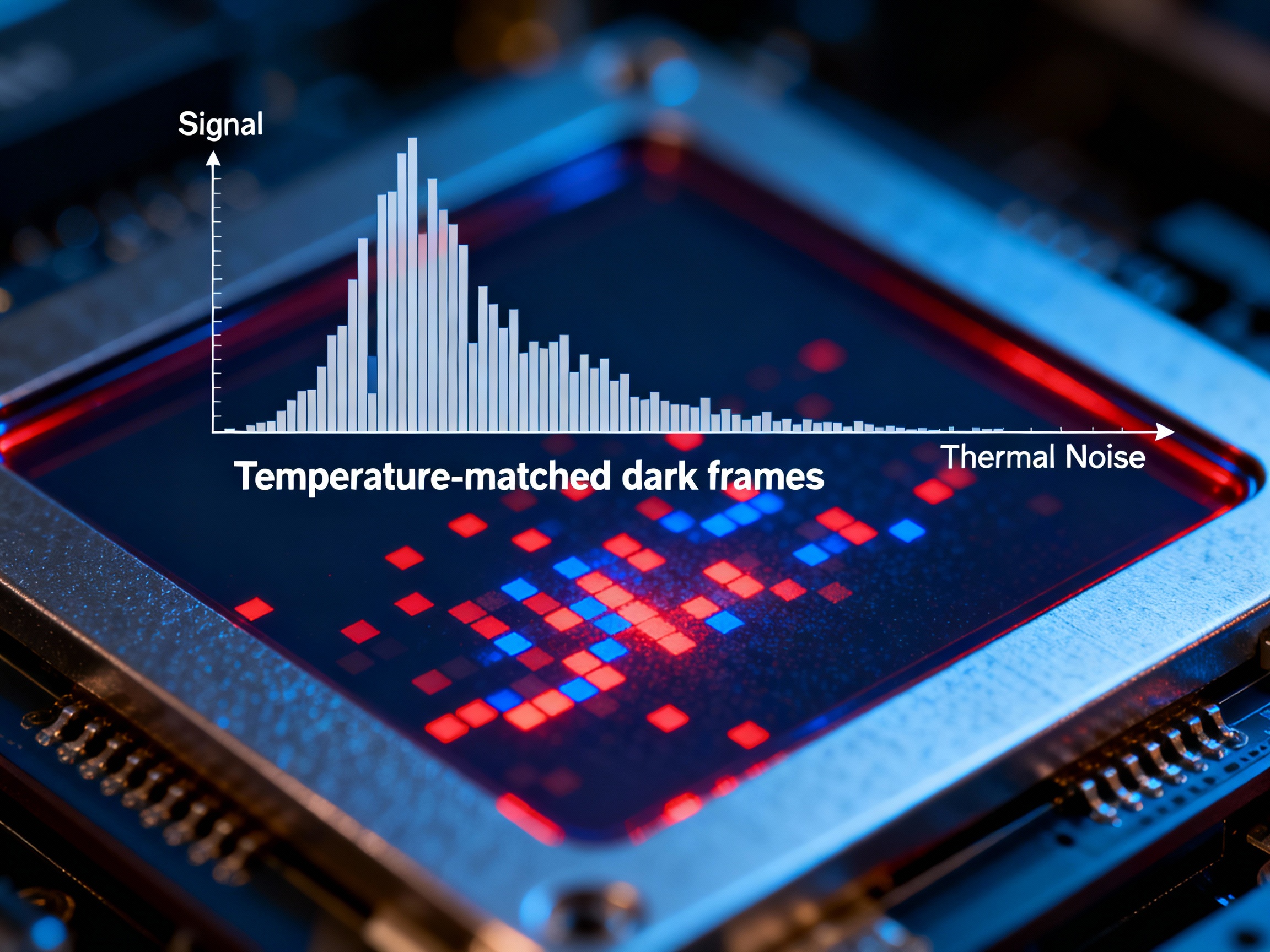 A cooled astronomy camera sensor displayed in macro view, with glowing red and blue pixels representing thermal noise. The background shows a histogram graph illustrating signal distribution, highlighting the importance of temperature-matched dark frames.