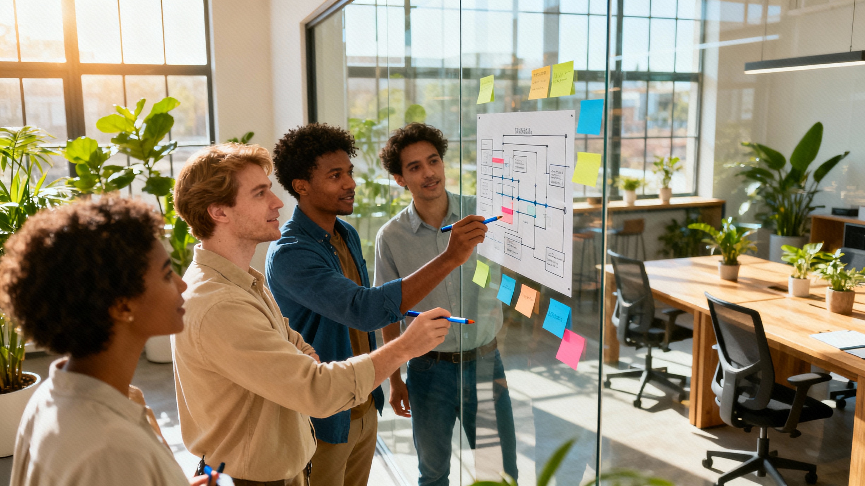 A vibrant scene showing diverse team members analyzing workflow charts on a glass wall. Warm daylight from large windows illuminates the room, with plants and modern furniture creating a productive atmosphere. Keywords: productivity, efficiency, business growth.